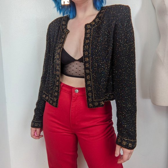 Vintage 90s Black & Multi Color Heavily Beaded Evening Jacket - Picture 4 of 10